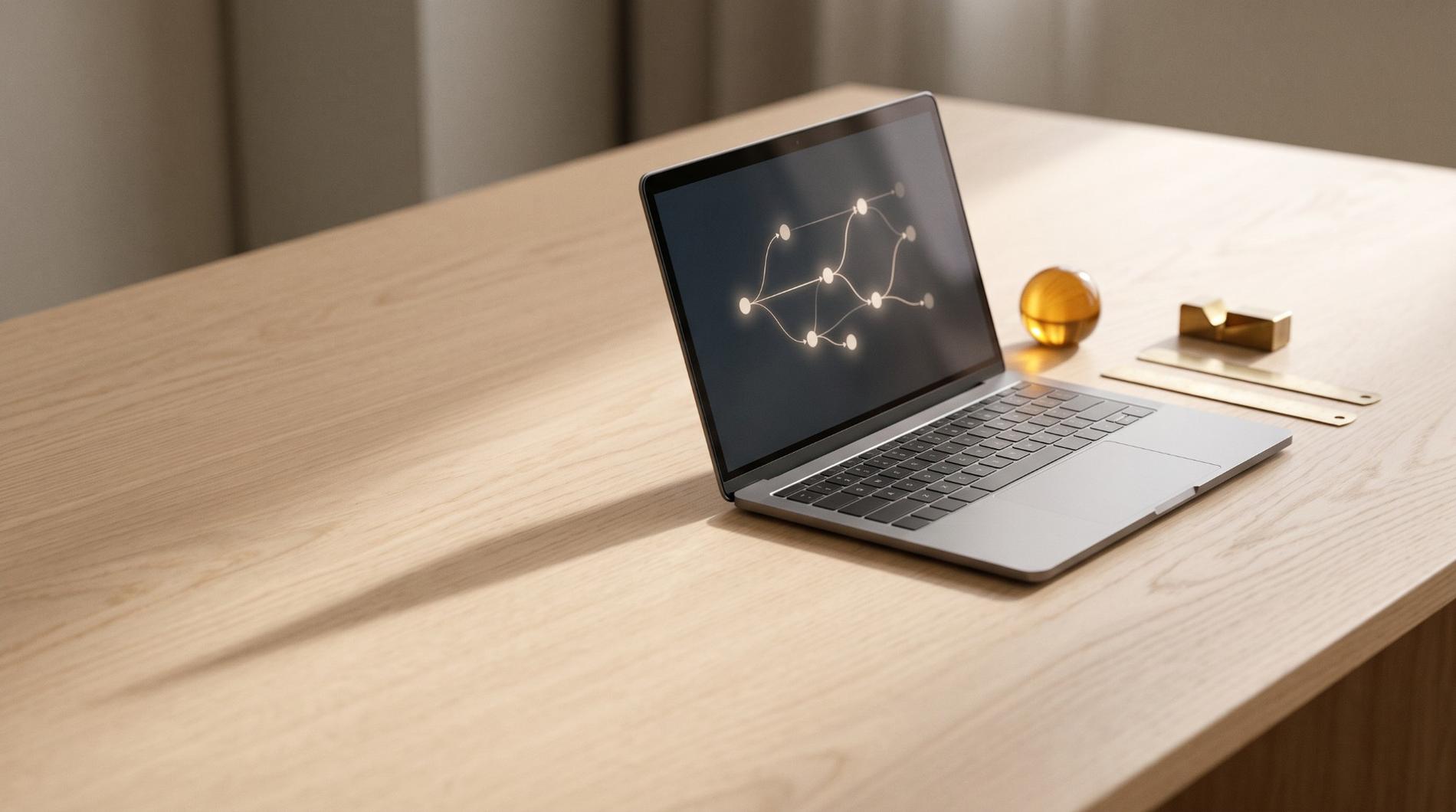 Laptop z grafem przepływu na ekranie, na dębowym biurku w porannym świetle
